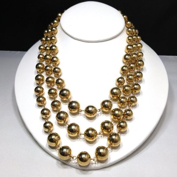 Vintage Gold Bead Three Strand Necklace, Wire Wrapped, 1950s, 18 Inches - Picture 2 of 7